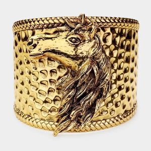Horse Face Accented Gold Metal Cuff Bracelet
